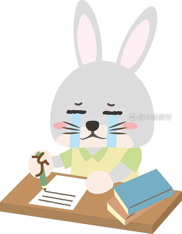 一只兔子在书桌前写字时哭泣的插图/插图材料(矢量插图)